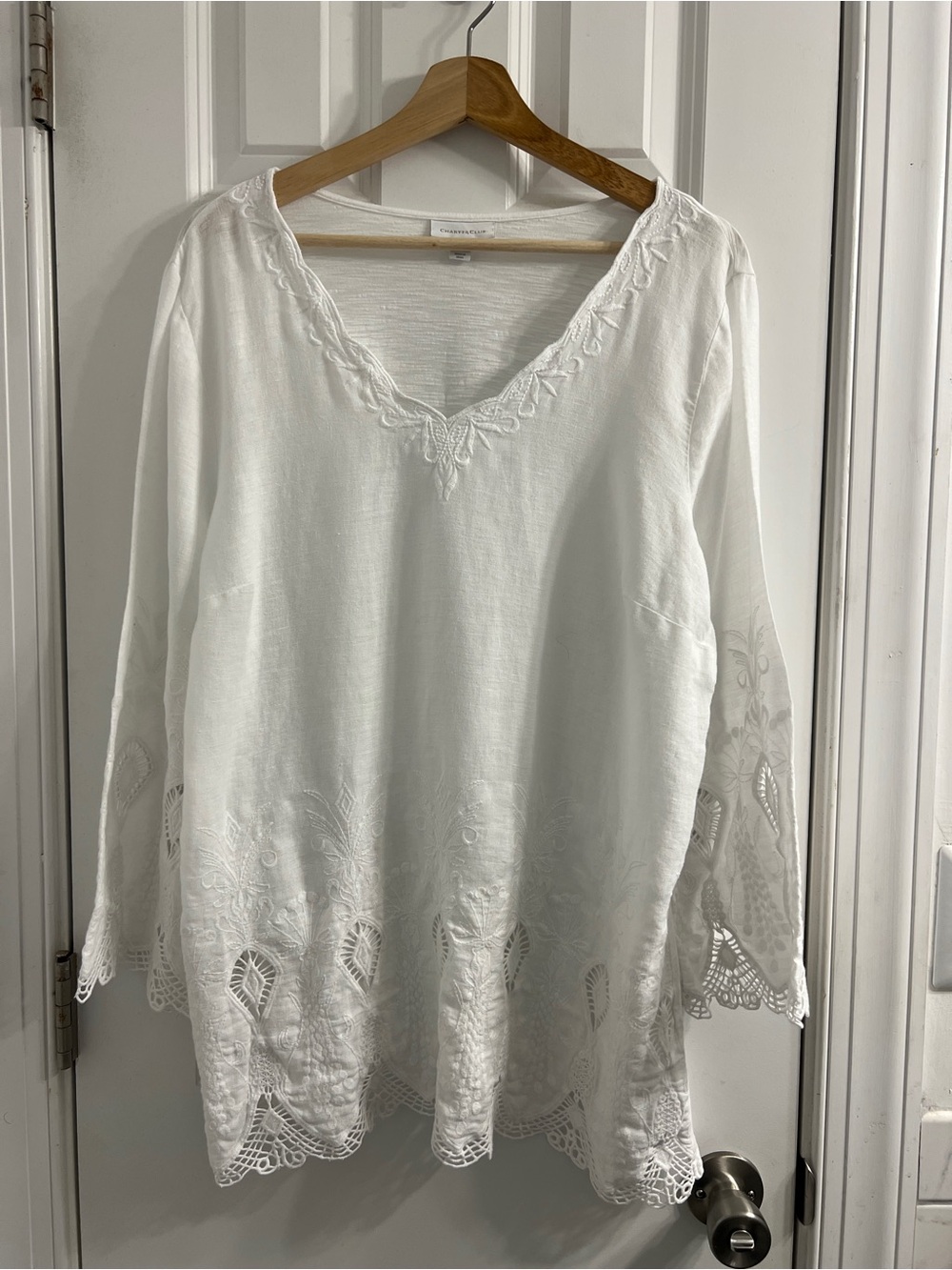 Linen Eyelet Lace White Embroidered V-Neck Blouse. Stunning midsummer -XL ✨